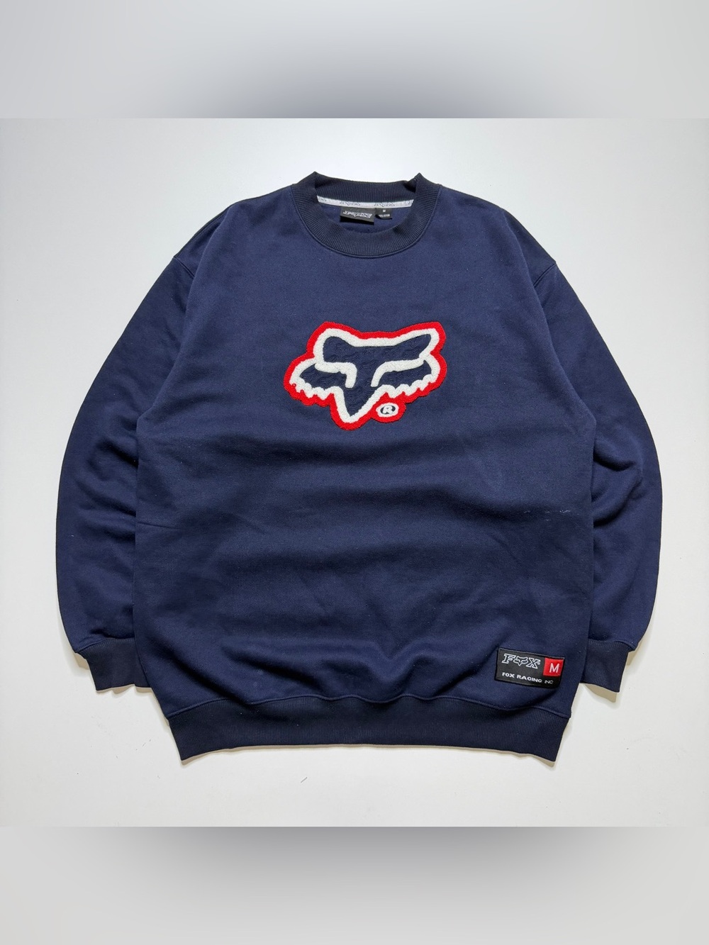 Vintage Fox Racing Towel Fleece Logo Crewneck Sweatshirt Mens Medium Y2K Blue